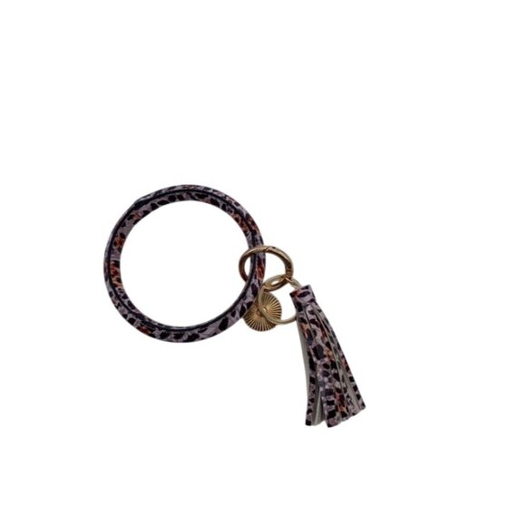 Pink Leopard Leather Bangle Keychain With Tassel & Gold Accent Rings Wrislet - Picture 1 of 4